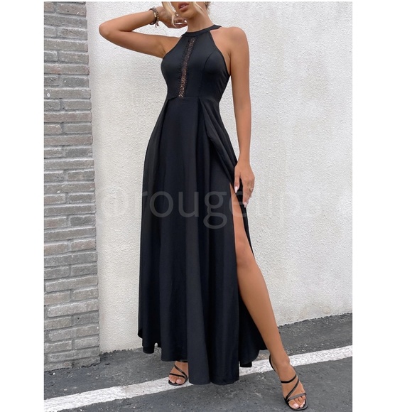 Black Elegant Maxi Dress Lace Halter Neckline Zip Back Flared Long Leg Slit - Picture 4 of 8